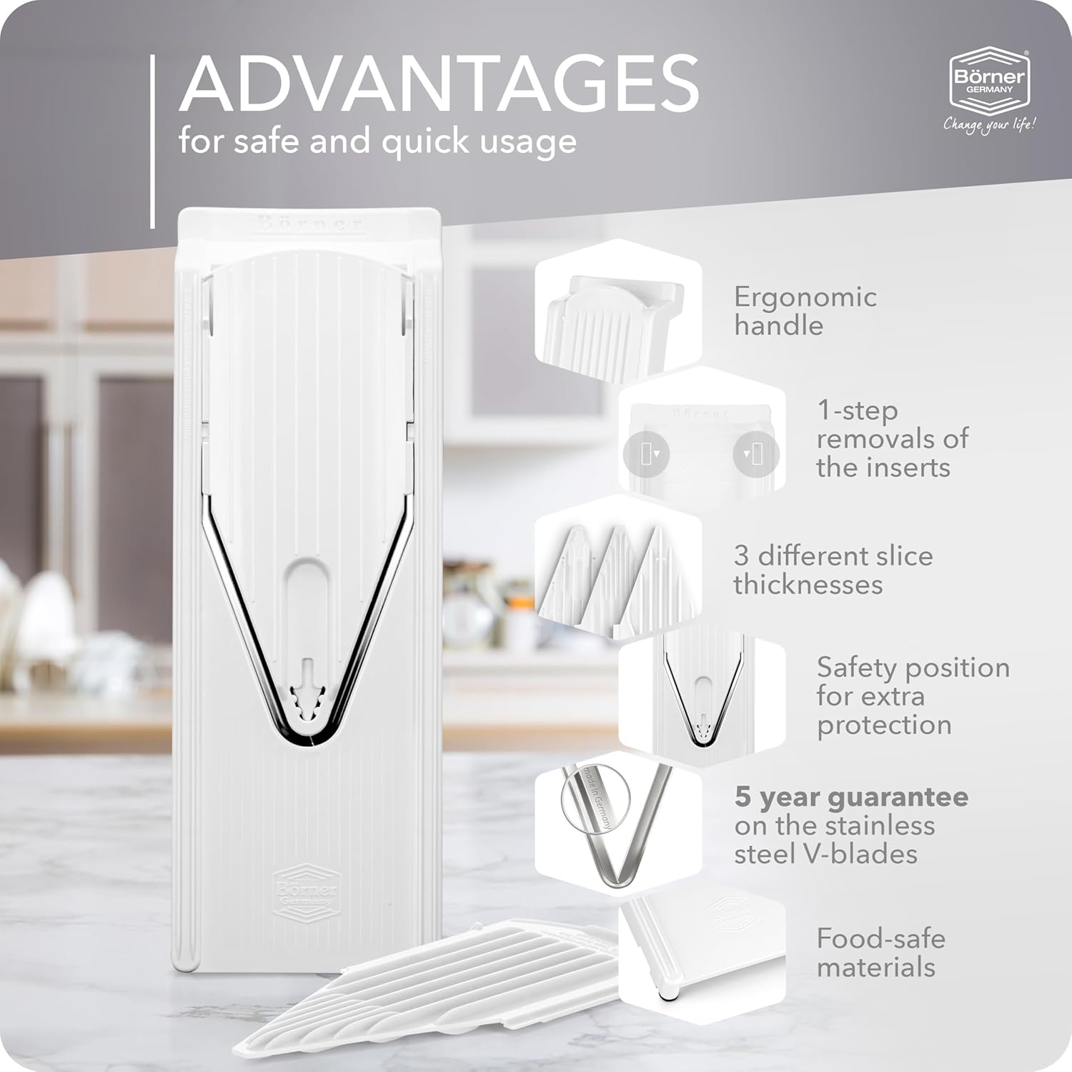 Mandoline Food Slicer Börner V3 (Basic Set) by Reston Lloyd • V-Slicer with Food Holder • Made in Germany • Fruit & Vegetable Chopper • Multiple Settings • Color: White