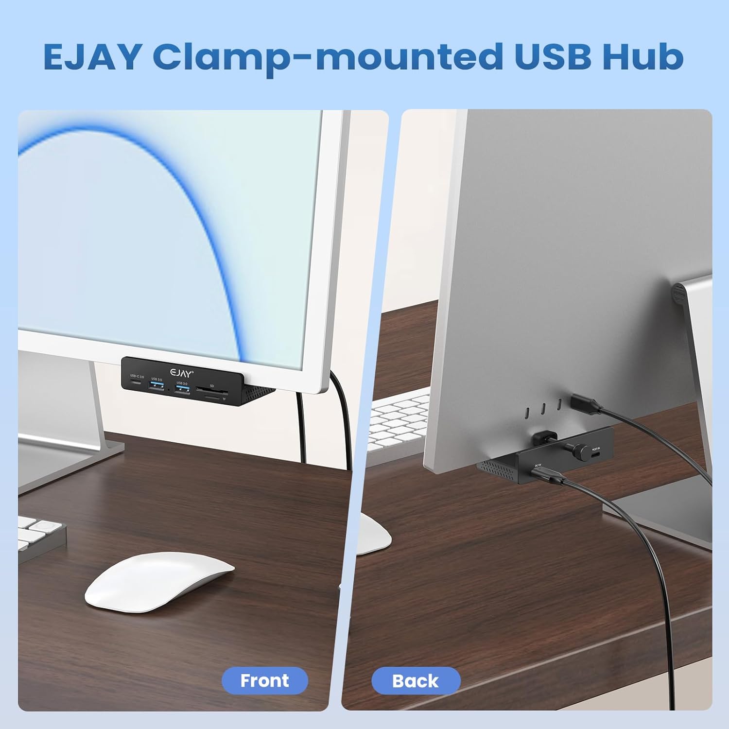 EJAY Aluminum Clamp USB 3.0 Hub, 5-in-1 Desk Mount Docking Station with SD/TF Card Reader, 5Gbps USB Port Expander with 59" Long Cable for MacBook, iMac, Laptop, PC, Studio, Black