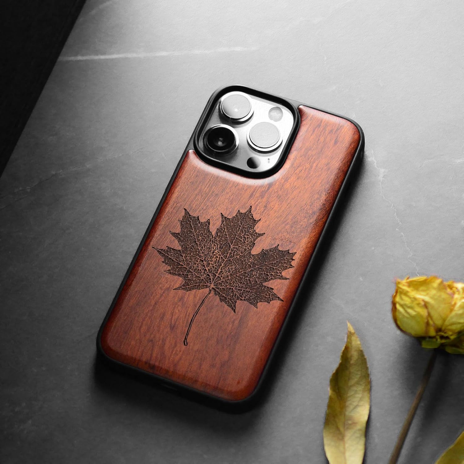 Carveit Magnetic Wood Case for iPhone 14 Pro Case [Natural Wood & Black Soft TPU] Shockproof Protective Cover Unique Wooden Case Compatible with magsafe (Intricate Maple Leaf Sketch -Rosy)