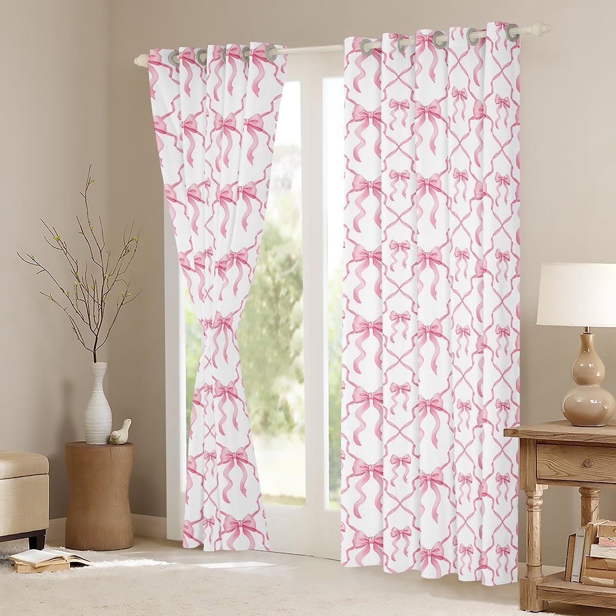 Erosebridal Pink Bow Room Darkening Blackout Curtains for Kids Teen Women,Cute Ribbon Bowknot 38" Wx45 L Curtains & Drapes for Girls Kawaii Watercolor Bow Window Curtains,Pink White Window Treatments