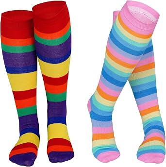 Sucrain 2 Pair Rainbow Knee High Socks Colorful Striped Socks Clown Long Novelty Funny Stockings Ice Skating Soccer Stockings for Costume Accessories