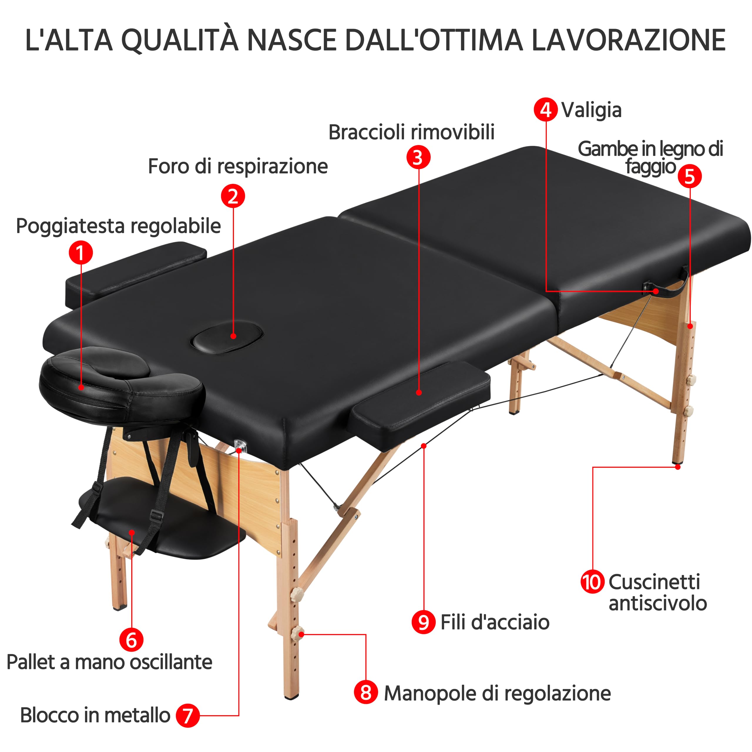 Yaheetech Lettino da Massaggio Pieghevole Portatile 2 Zone Portata 250 kg in Legno Faggio 213 x 70 cm per Fisioterapia Altezza Regolabile Poggiatesta e Briaccioli Rimovibili