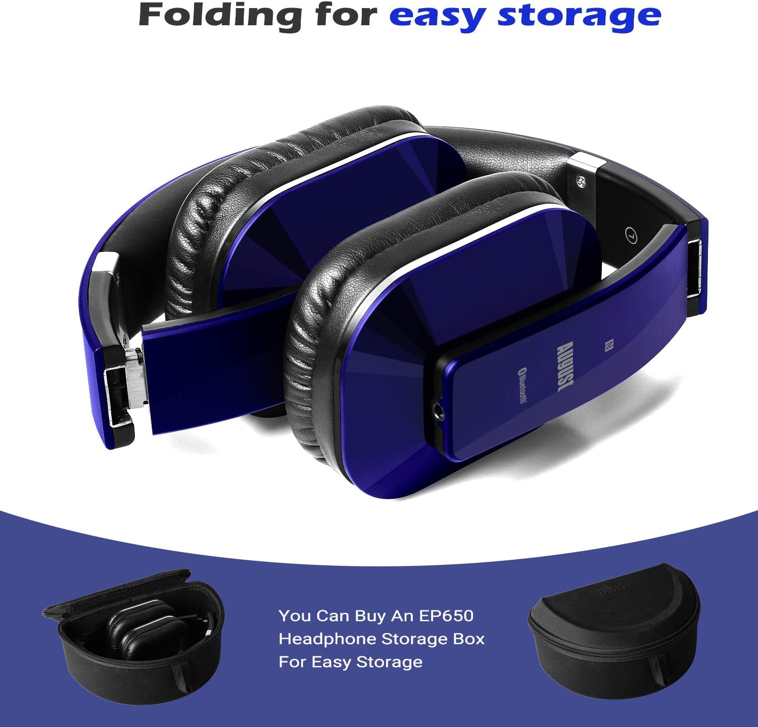 August EP650 Bluetooth Wireless Over-Ear Headphones with aptX Low Latency, NFC, Multipoint Pairing, Wired Option, Built-in Microphone - Blue