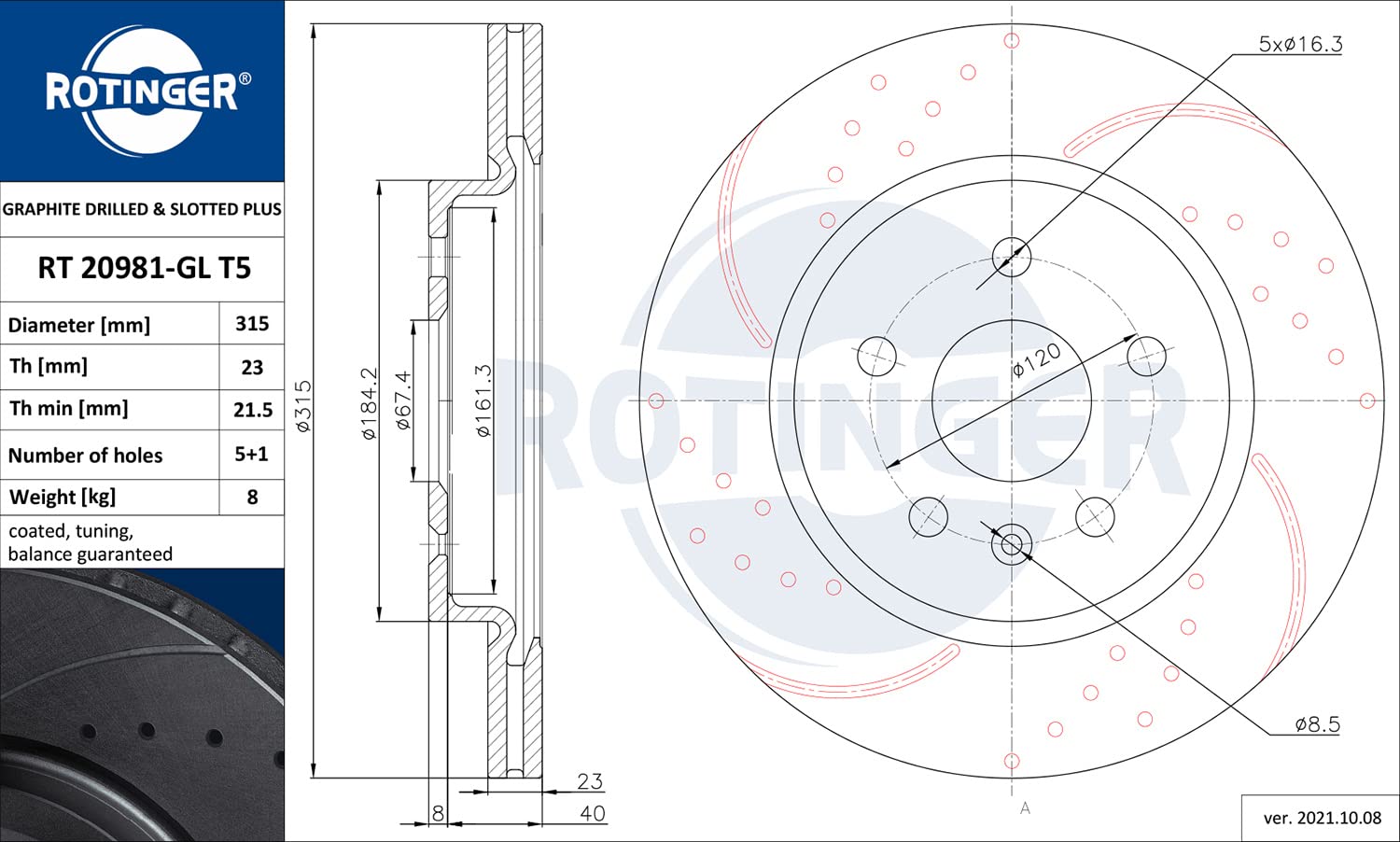 ROTINGER Rotores De Discos De Frenos (eje Frontal, Juego De 2 Piezas) High Performance, Con Revestimiento Anticorrosión, RT 71013HP-GL T5