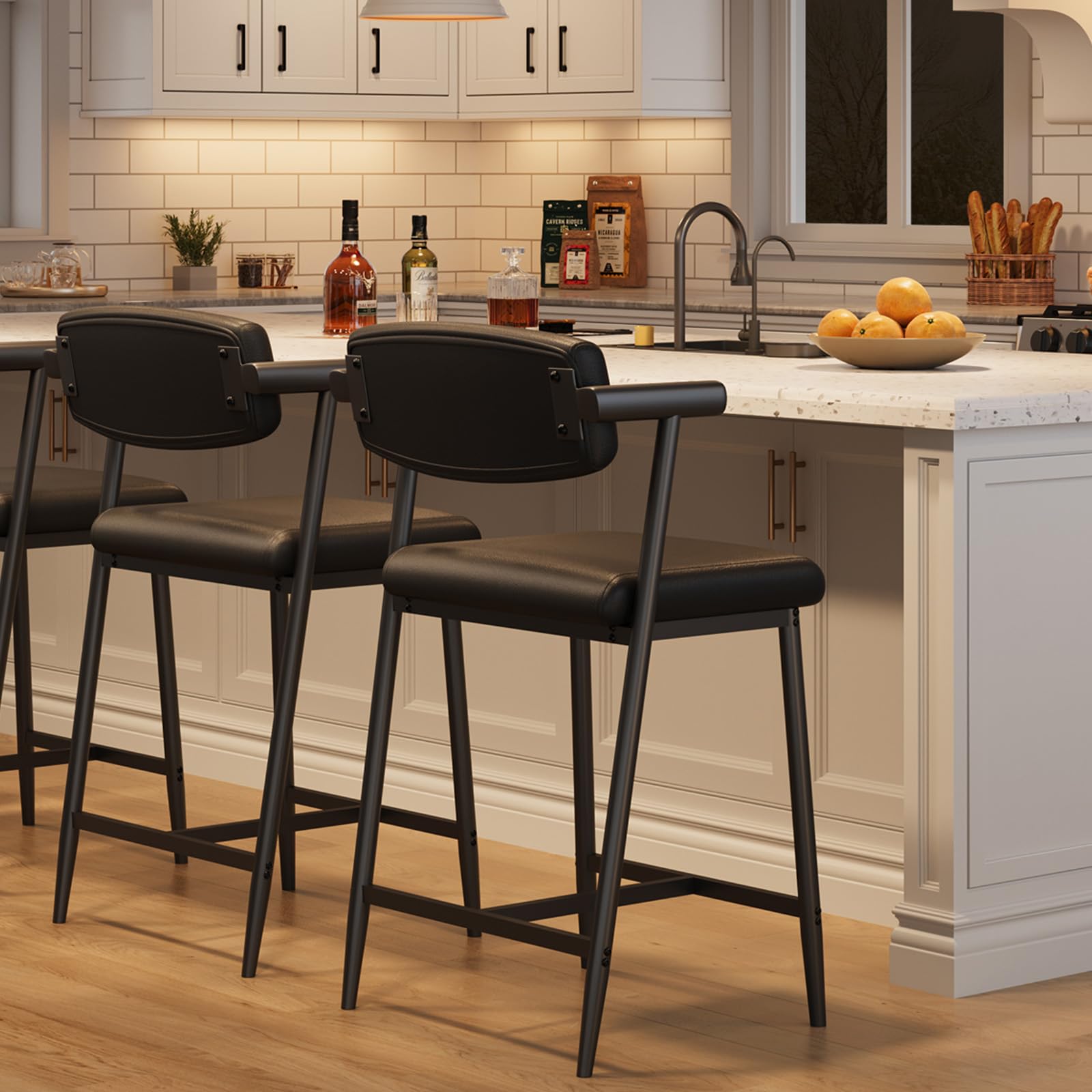 idealhouse counter height bar stools set of 2 with arms,26" upholstered bar stools with back, wider seat, modern bar stools set with footrest for kitchen island, counter bar,easy assembly,rustic black