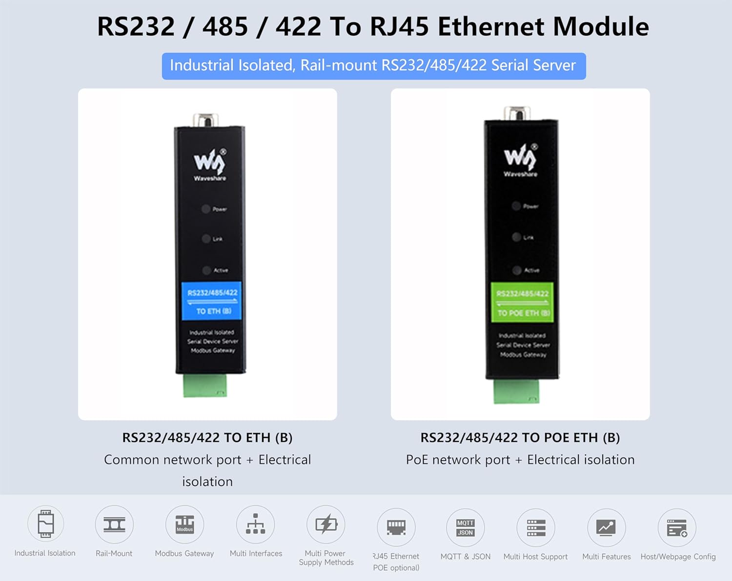 RS232/RS422/RS485 to RJ45 Ethernet Module, TCP/IP to Serial, with POE Function, Bi-Directional Transparent Data Transmission Between RS232/485/422 and Ethernet, Rail-Mount Serial Server