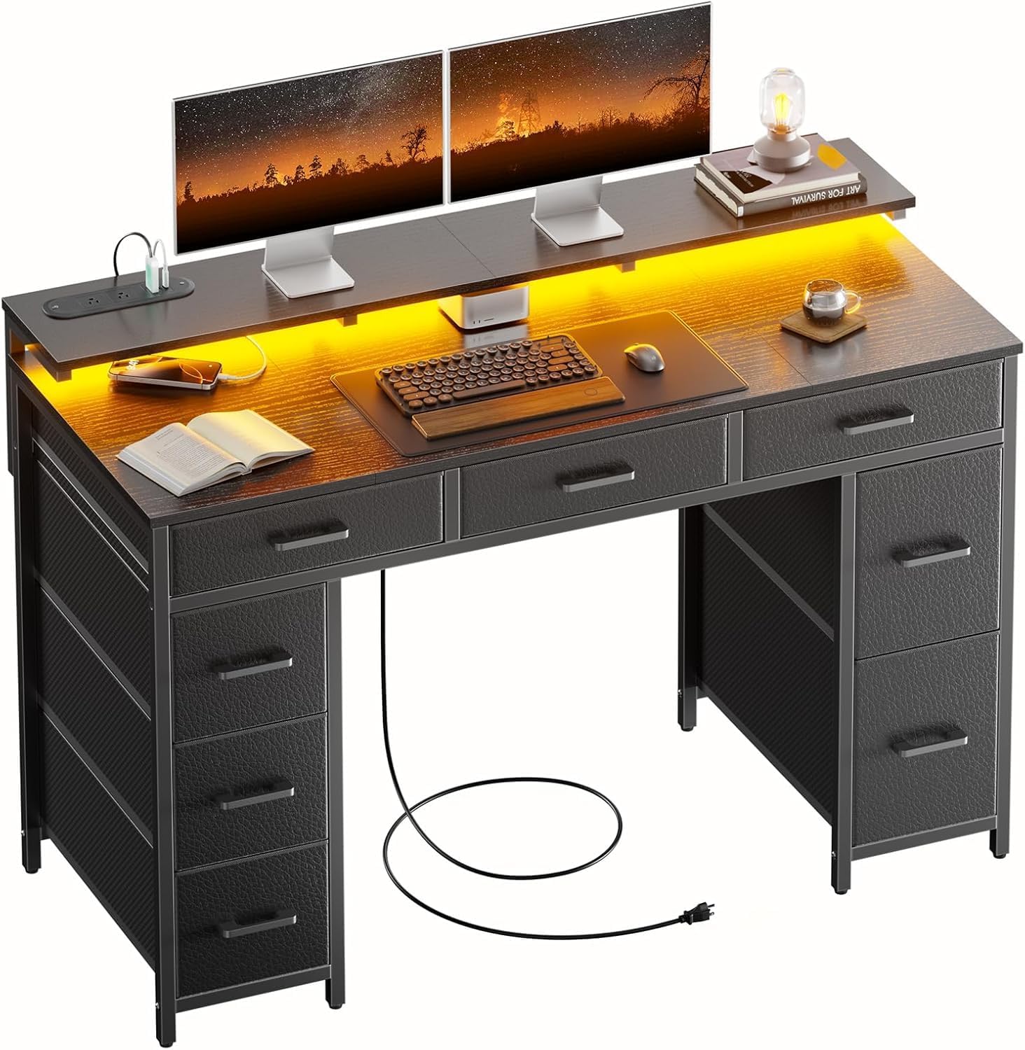 HLDIRECT 47 inch Computer Desk with 8 Storage Drawers, Gaming Desk with LED Lights & USB Power Outlets, Home Office Table with Monitor Stand, Study Writing Work Table for Bedroom, Black