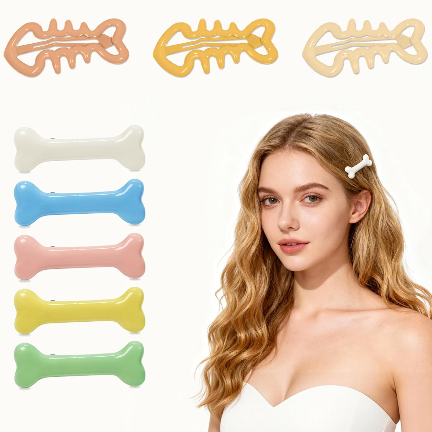 8Pcs Bone Hair Clips Fish Hair Clip Accessories White Dog Bone Headband Goth Emo Y2k Style for Halloween Hairs Accessories, Cosplay, Skull Skeleton Bone-Hairclip for Women and Girls, Brown