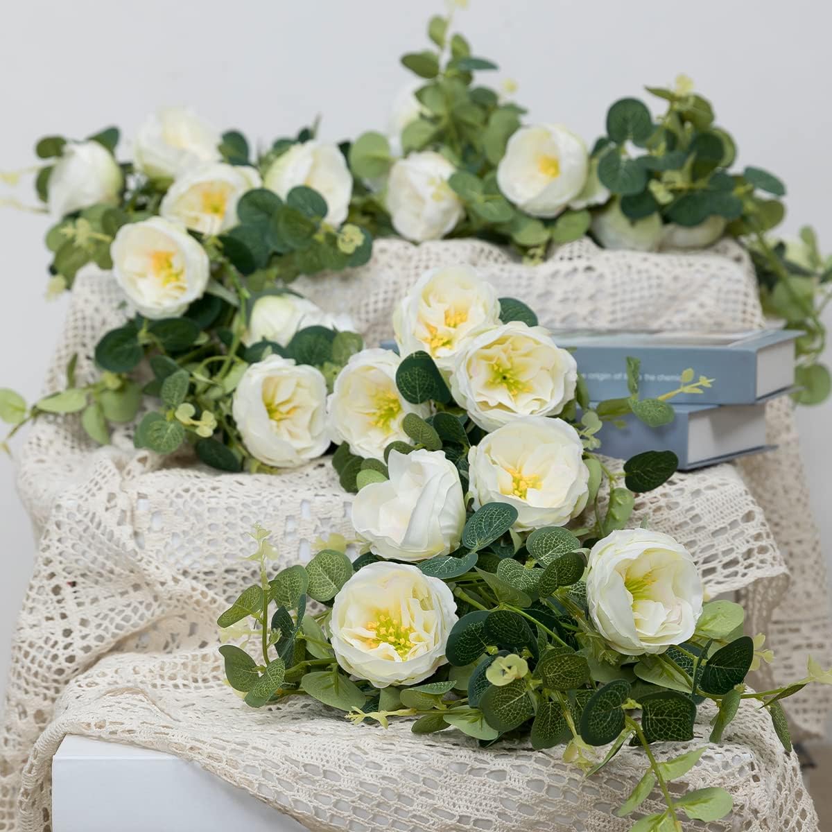 Floweroyal 2 Pack Artificial Flower Garlands 15.8FT Eucalyptus Garlands with Flowers 12 Head Peony Flower Vine Silk Rose Vine for Wedding Arch Table Wall Backdrop Party Home Decoration. (White) - Image 4