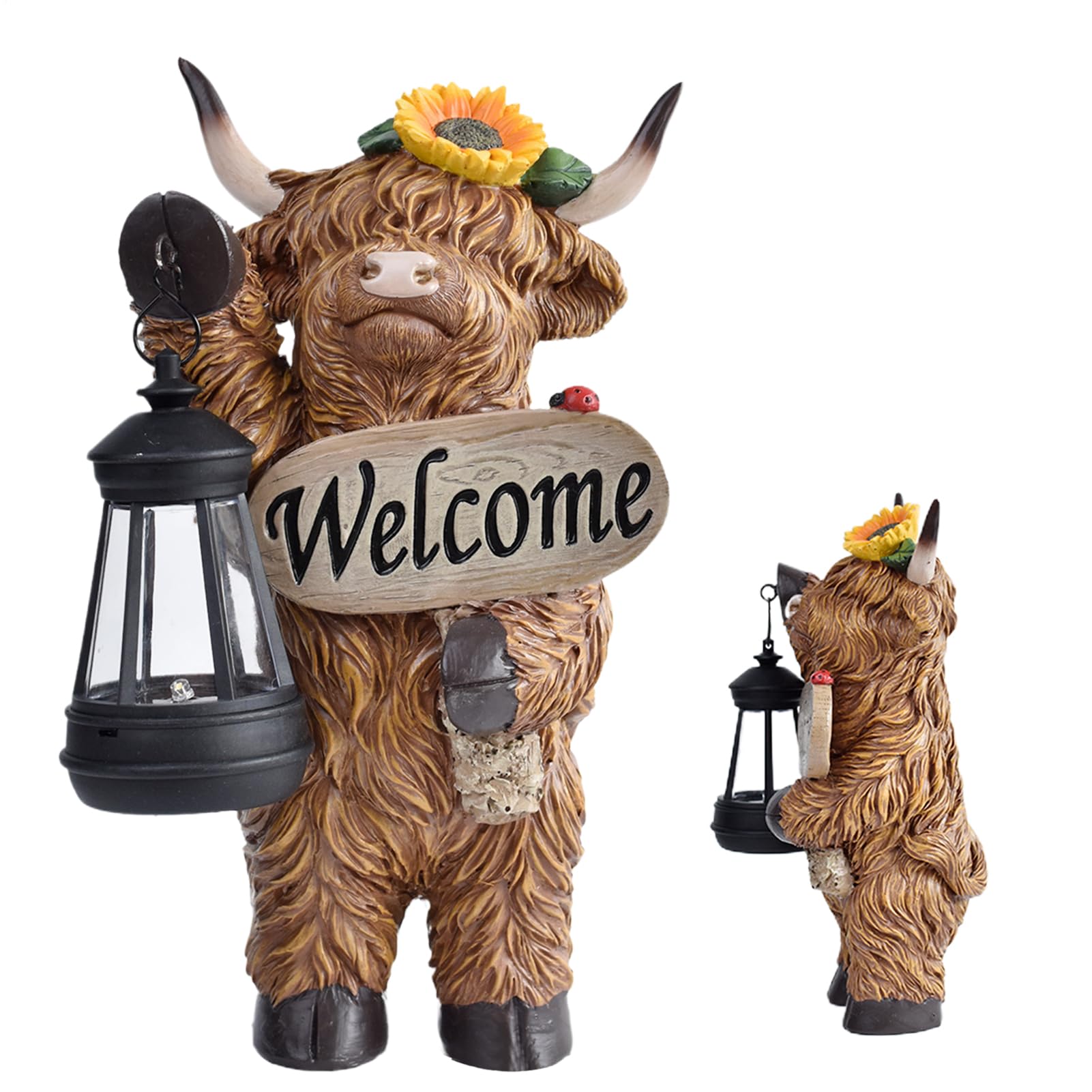 Statue vache des Highlands solaire en résine extérieure pour déco de jardin