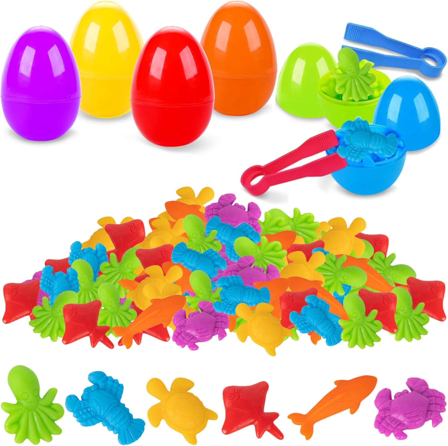 54Pcs Easter Eggs Prefilled Plastic Easter Eggs with Counting Ocean Toys Inside Filled, Toddler Preschool Learning Activities Toys for Kids Easter Basket Stuffers Egg Fillers Gifts (Ocean)