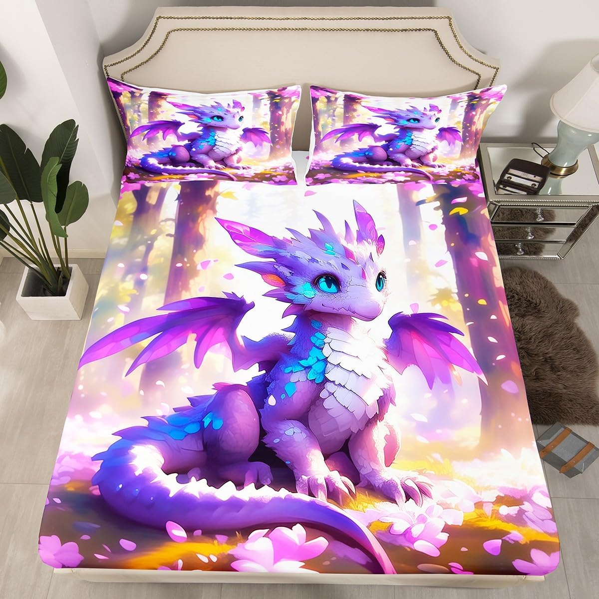 Manfei Dragon Bed Sheet Set 3 Pieces,Western Wild Animal Jungle Sunshine Microfiber Bedding Set Without Flat,Romantic Purple Petals Rustic Daisy Flowers Fitted Sheet,2 Pillow Cases,Full Size