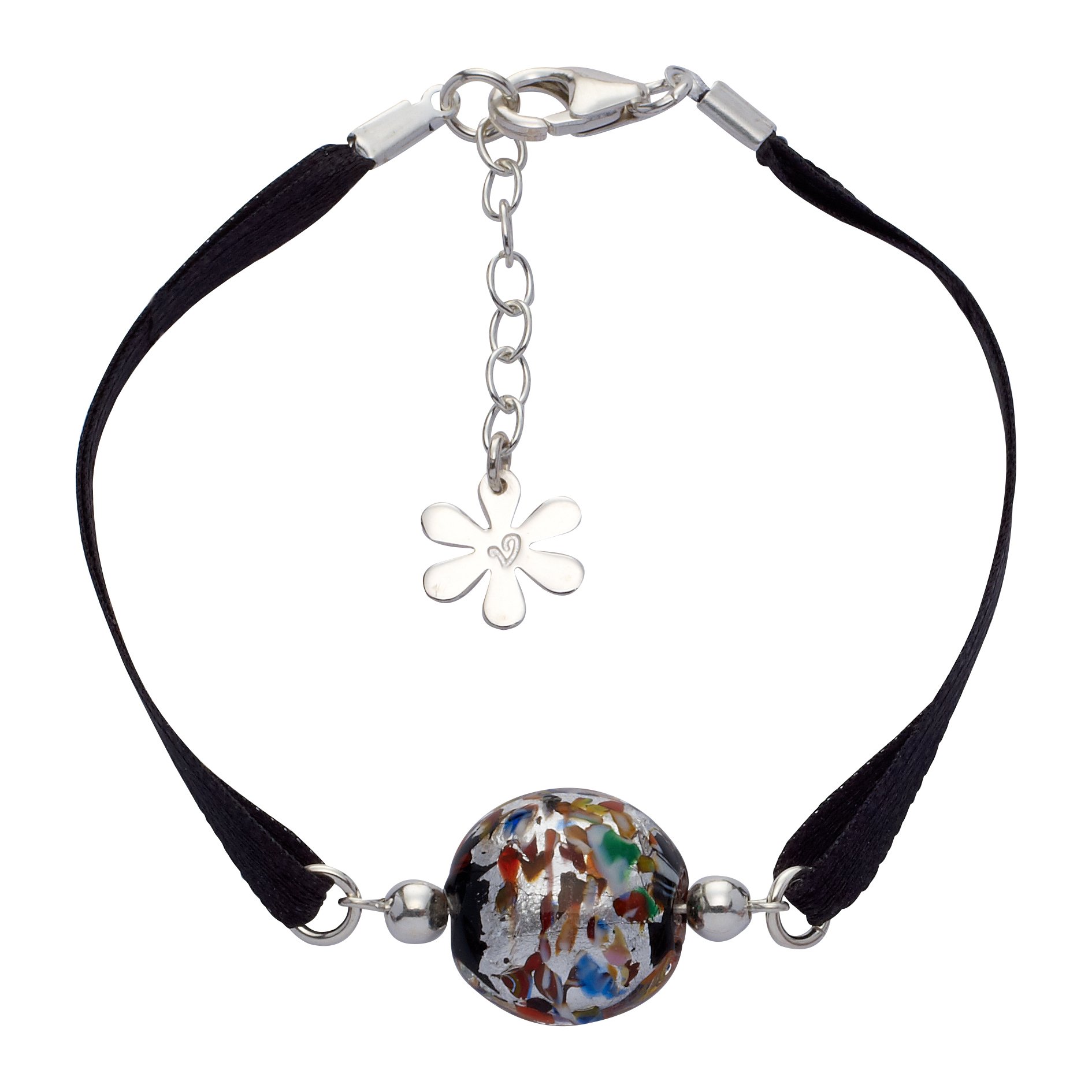 Sterling Silver Multi-Colour Murano Disc Bracelet with Ribbon of 18 cm