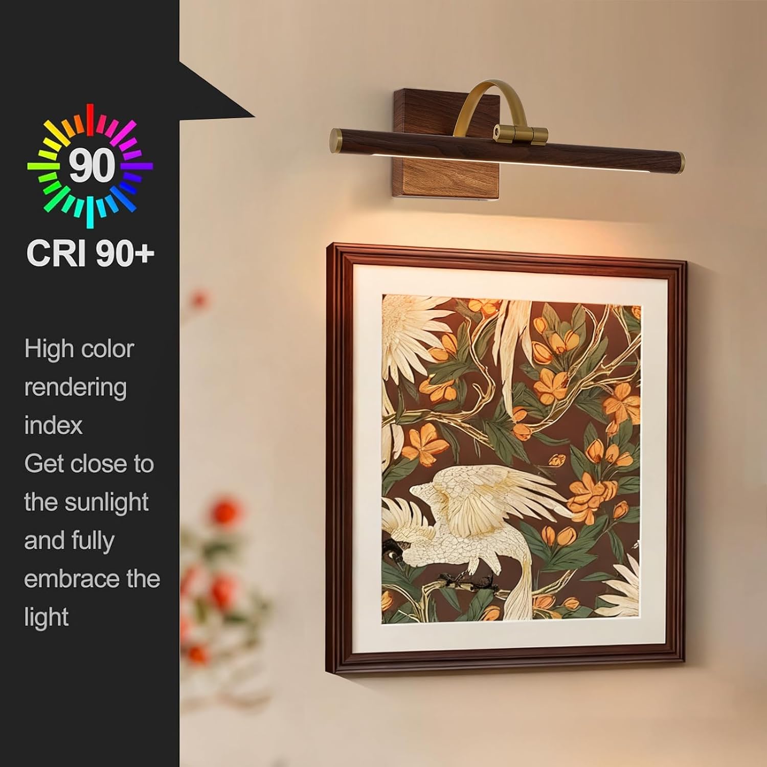 LED Picture Light Wall Mounted Hard-Wired Dimmable Art Gallery Light with Adjustable Swing Arm, 2700K Warm White, Brass & Wood Finish Picture Lamp for Paintings, Artwork, Wall Decor