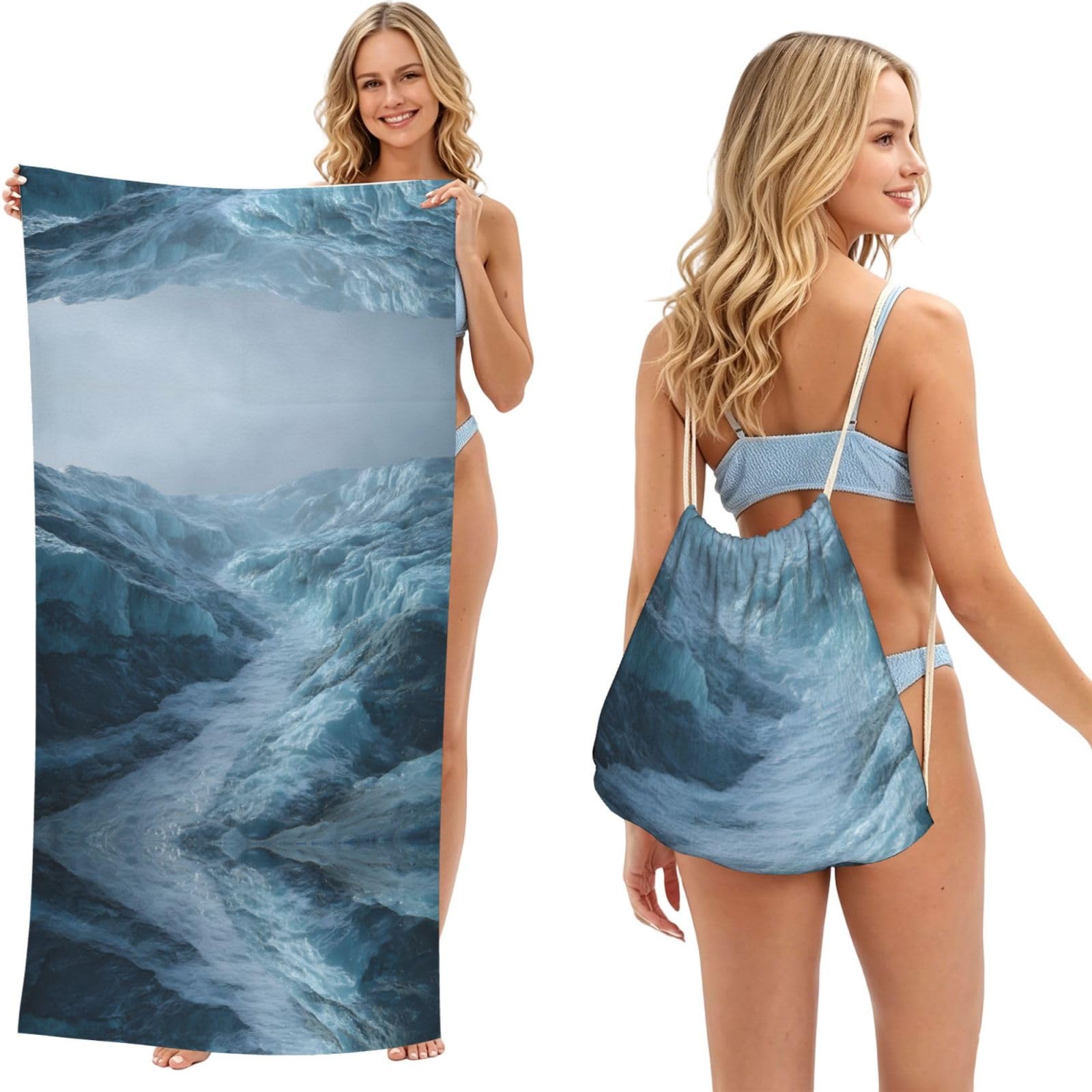 ESNAIUVCD Glacier Print Beach Towel For Adults,Towel With Drawstring Bag, Travel Pool Swimming Sports Shower Sand Free Quick Dry Bath Towel For Pool, Beach, Yoga- 180x60cm