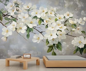 White Flower Wall Mural - Floral Design Murals, Flower Branch Large Wall Murals for Living Room, Floral Mural - 78.7" x 55.1" Not Peel n Stick