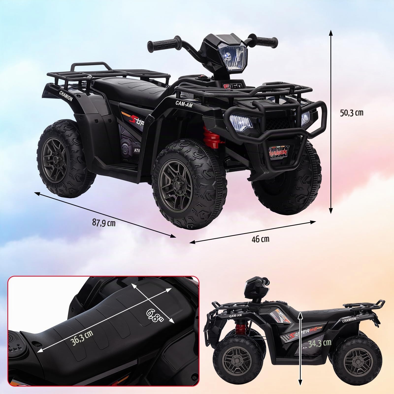 Quad Electrique Enfants 12V 500MA, Voiture Electrique Enfant 4-6 Ans avec Phares LED et Musique, Vitesse de Sécurité 3-6 Km/h pour Enfant, Poignée et Selle Ergonomique, Double Entraînement 30W*2, Noir