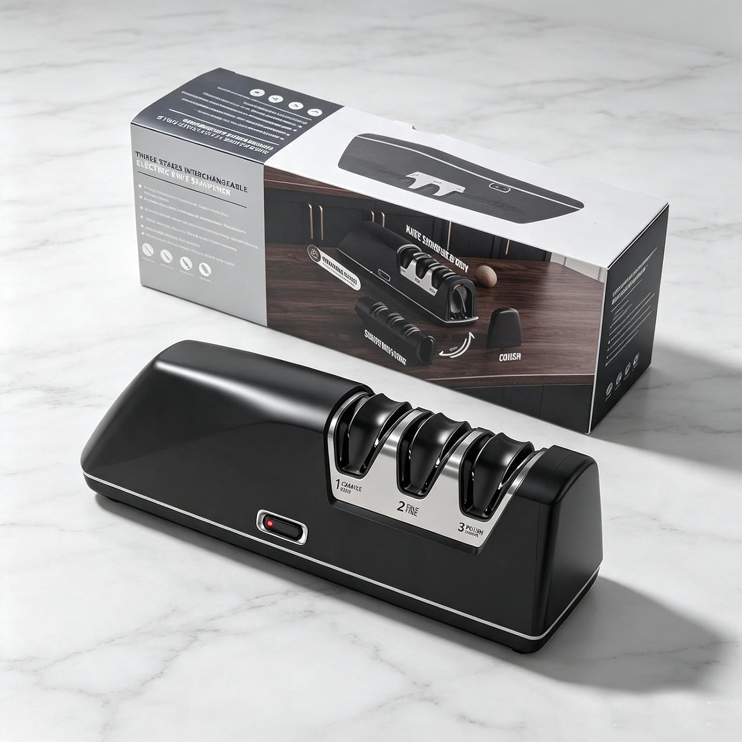 Professional Electric Knife Sharpener-Premium‑grade 3M materia | Premium‑grade 3M materia, Interchangeable Grinding Heads, 3-Stage 600/1200/3000# Grit, Stable Drum Locking