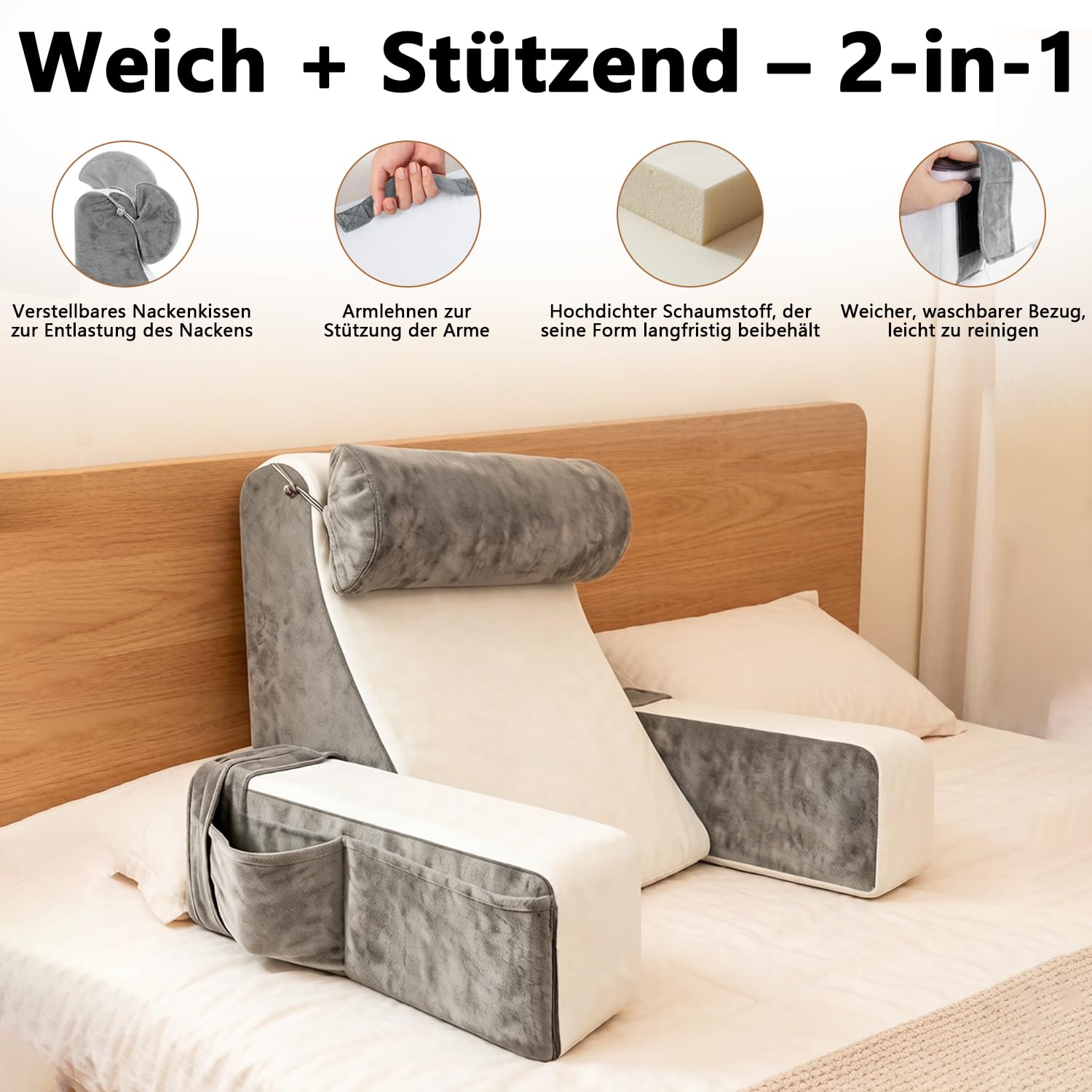 Cuscino da lettura con cuscino cervicale rimovibile e bracciolo, cuscino ergonomico extra alto con braccioli e tasche integrati, supporto per la schiena in schiuma frantumata per erigere a letto