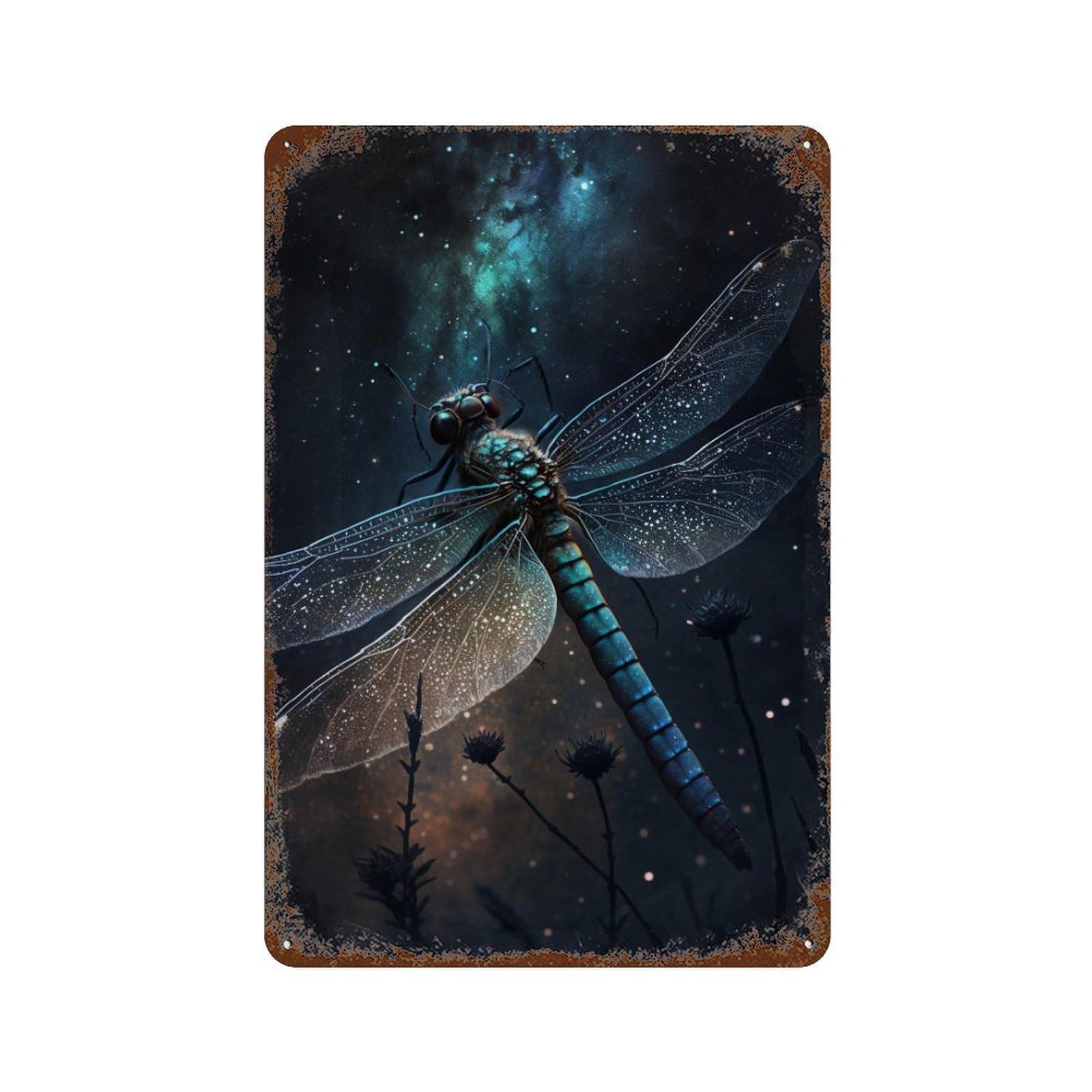 Galactic Dragonfly in Flight Rustic Tin Plaque 11.8"x7.9", for Pub, Kitchen And Man Cave Decor, Vintage Wall Decor