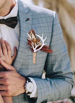 Brown Boutonniere for Men Set - 2 PC Handmade Feather Corsage for Wedding Antler Rustic Boutonniere for Groom Groomsmen Ceremony Anniversary Formal Dinner Party Prom Brown