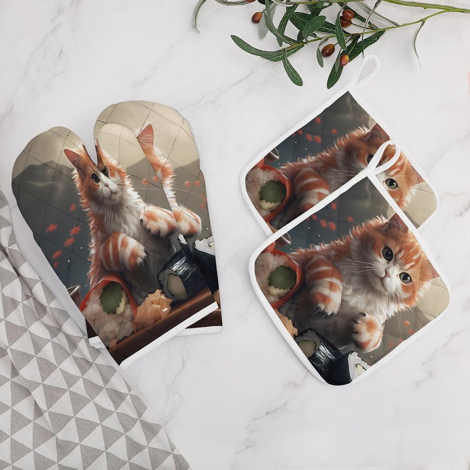 Japanese Sushi Cat 4 Pcs Oven Mitts and Pot Holders Set High Heat Resistant Long Kitchen Oven Glove Potholders