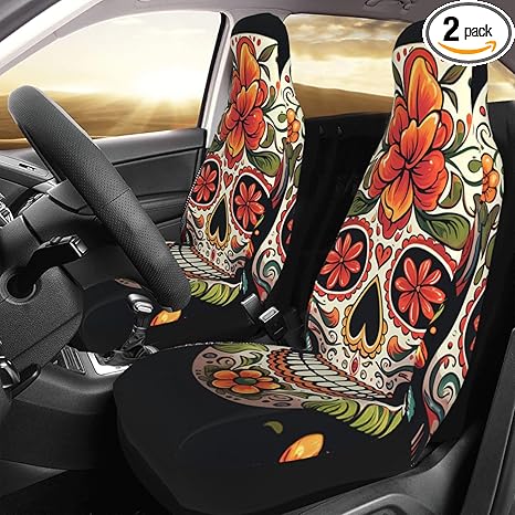 2 Pcs Car Seat Cover Soft Comfy Front Seat Protector Cover Washable Breathable Seat Covers for Cars Colorful Sugar Skull Vehicle Seats Cushion Pad Universal Fit for Most SUV Sedan Truck
