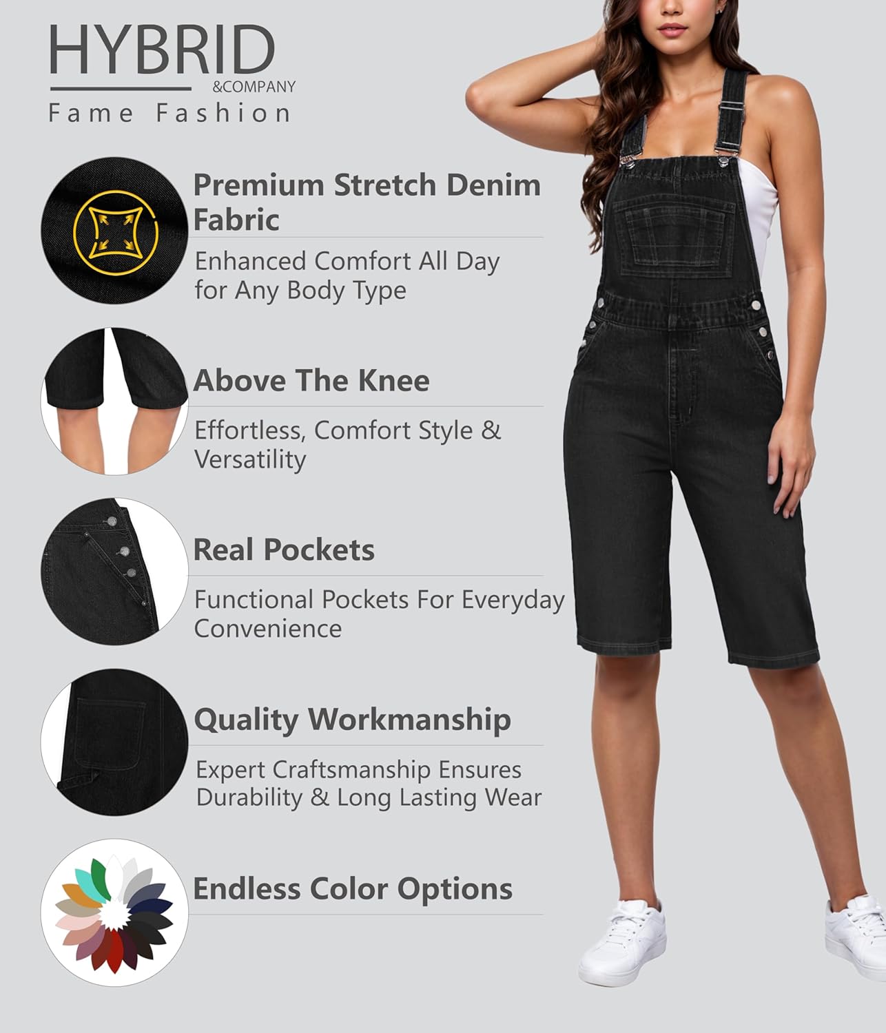 Hybrid & Company Womens Leisure Adjustable Straps Stretch Bermuda Short Denim jumpsuits Overalls - Image 2