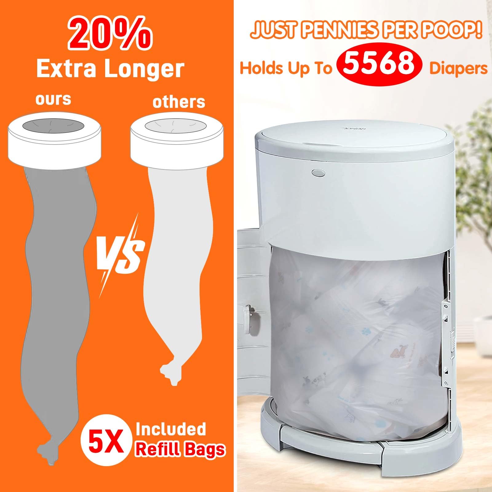 Paquete de 8 recambios compatibles con cubos de pañales DEKOR PLUS | 20% de longitud extra para bolsas de recambio para pañales 5568 pañales, máximo control de olores con aroma a bebé
