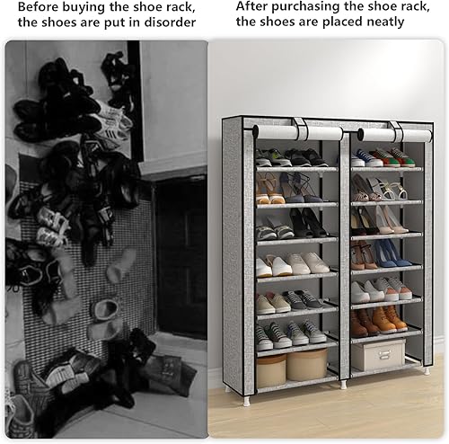 Miniatura 4 de JIUYOTREE Zapatero organizador de 7 niveles con cubierta a prueba de polvo, estante de armario con capacidad para hasta 28 pares para puerta,