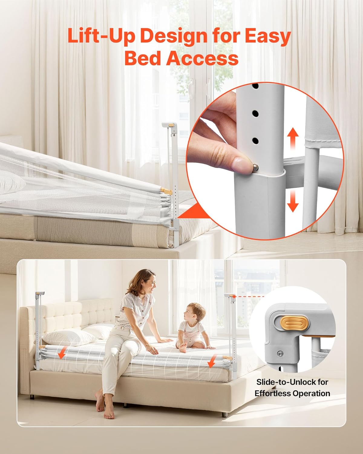 VEVOR Toddler Bed Rail, Kids Beds Guard Rail with Reinforced Iron Pipe and Oxford Cloth, Adjustable Height Bed Side Railing, Portable Guard Bumper Barrier for Crib, Bunk, 78.74 x 35.04 in, 1 Piece
