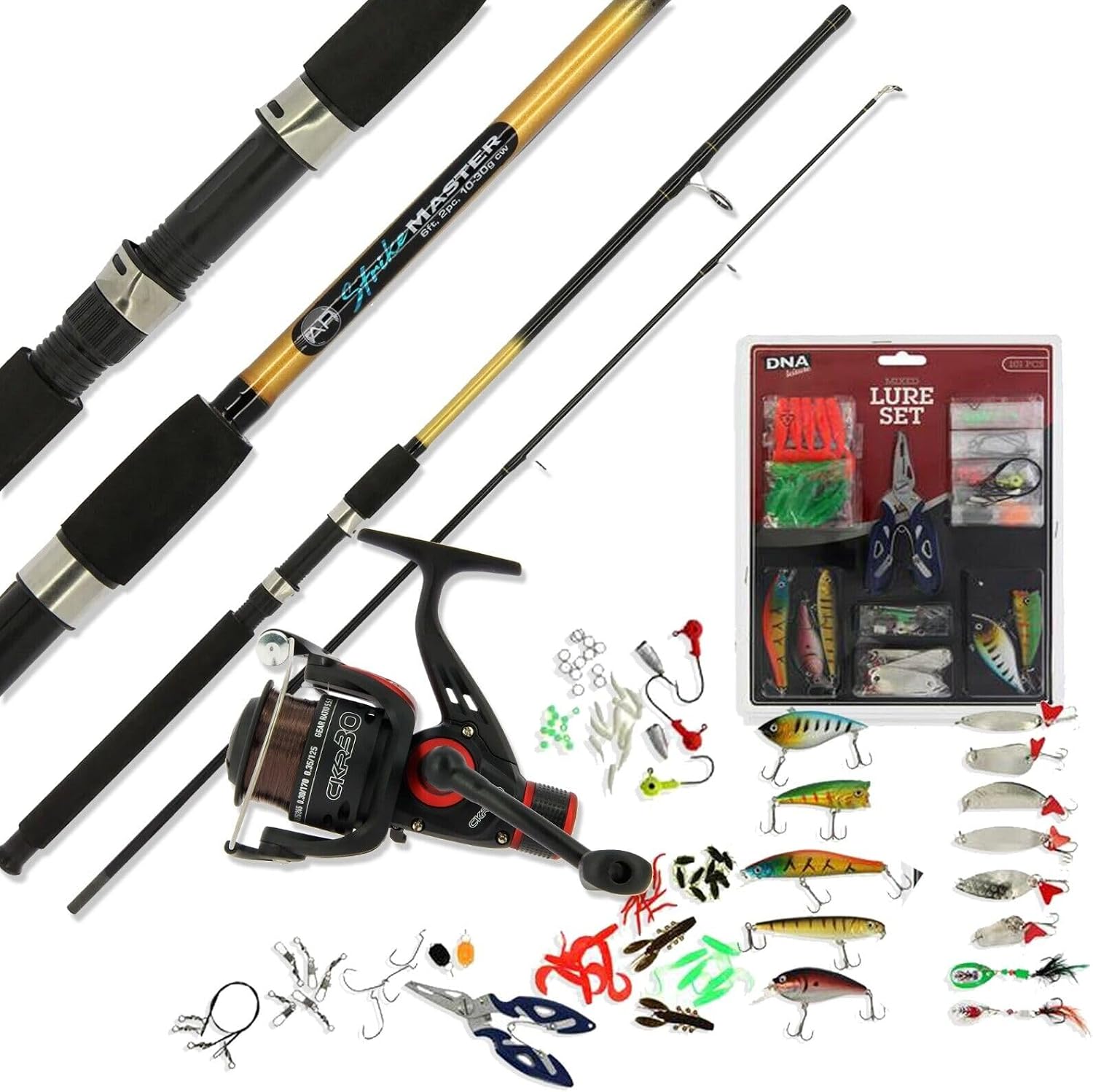 Spinning Fishing Combo 6ft 2pc Rod & Reel + Line With 101 Mixed Spinners Plugs Pliers Lure Pike Sea Freashwater Tackle