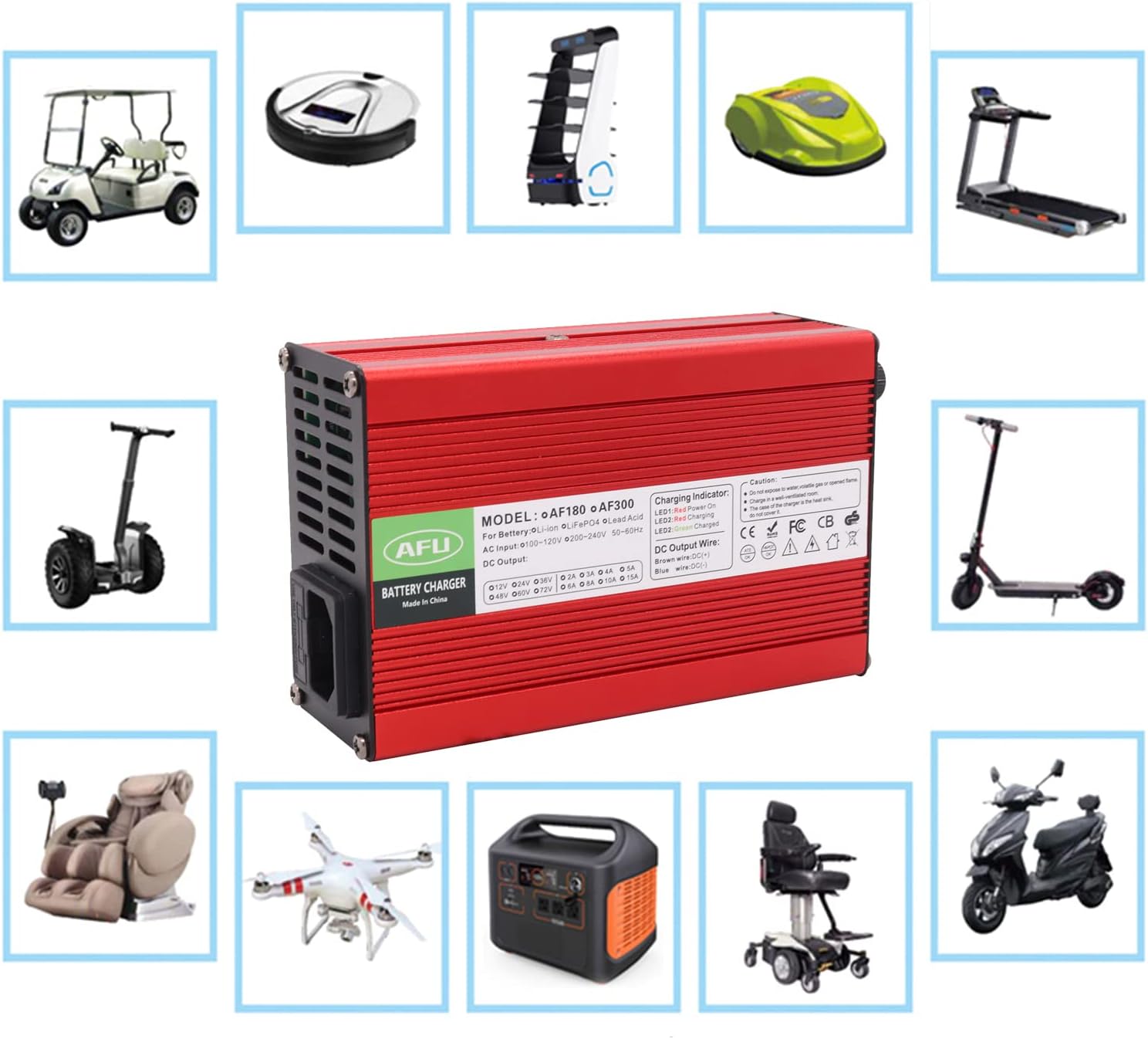 14.6V 15A Charger 14.6V LiFepo4 Battery Charger for 4S 12V LiFepo4 Battery Red Aluminum Case with Alligator Clip