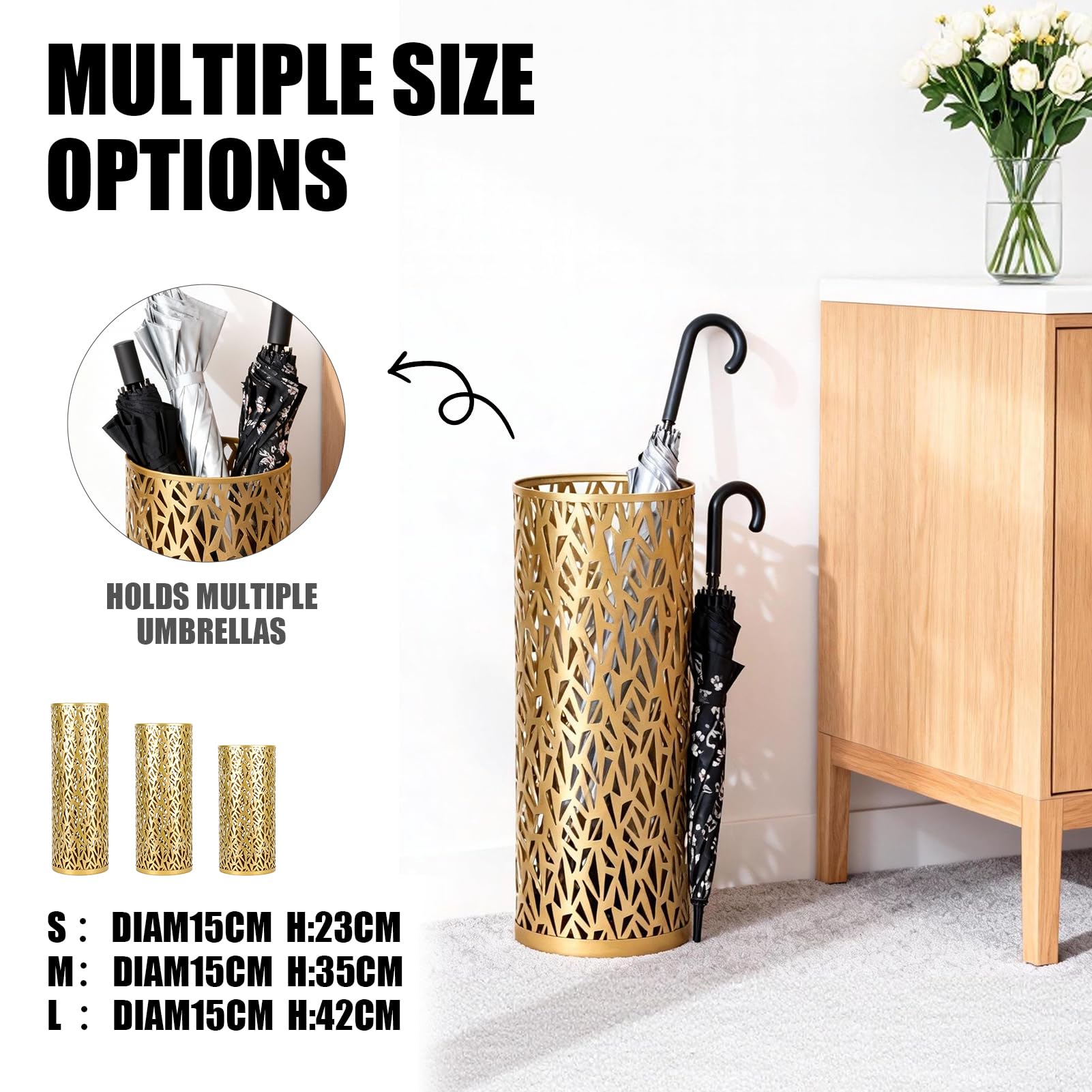 Regenschirmständer, Schirmständer Metall, 5.91x16,54in (ØxH) Schirmständer rund Organizer für Regenschirm, Dreieckiger hohler für Haus Büro Eingang Lagerung Regenschirme (Goldene L)