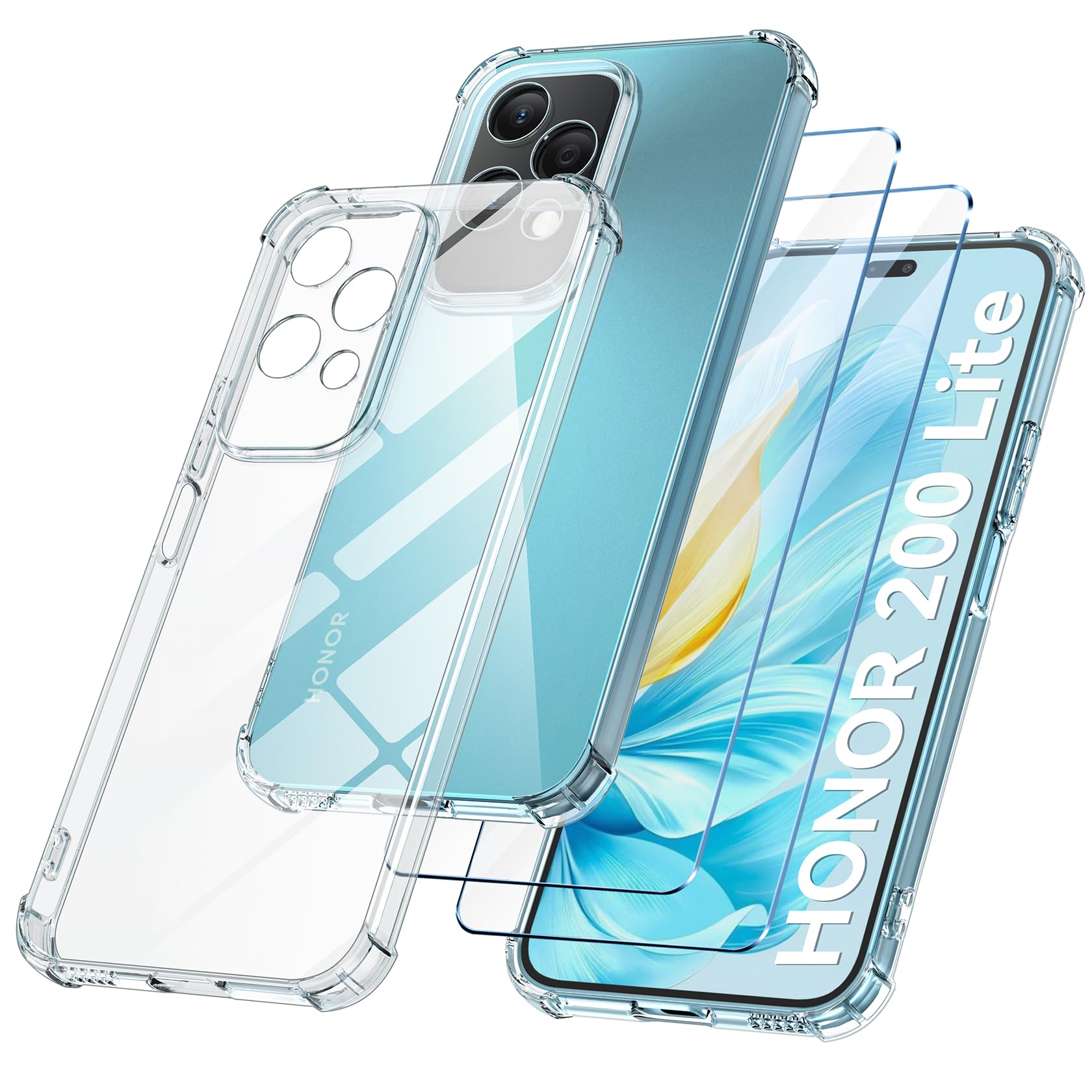 FLLAO Cover Compatibile con Honor 200 Lite 5G con 2 Vetro Temperato [Protezione Fotocamera] Anti Ingiallimento Antiurto Cover Silicona TPU Morbido Custodia per Honor 200 Lite 5G - Trasparente