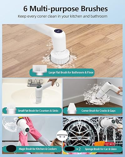 Miniatura 6 de Cepillo eléctrico de limpieza eléctrico inalámbrico, cepillo de limpieza eléctrico de mano, cepillo limpiador de ducha con 6 cabezales de cepillo