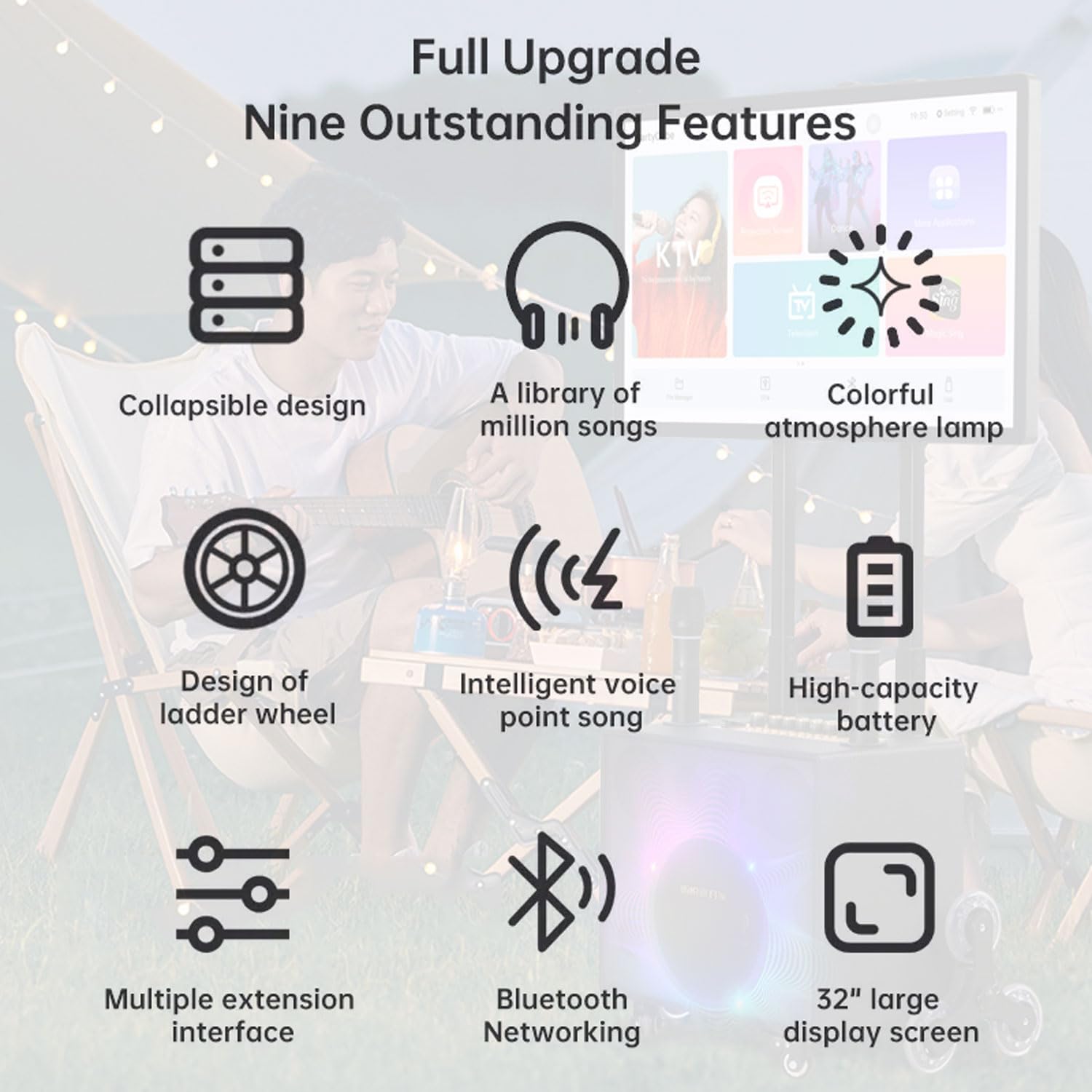Karaoke Bluetooth Portatile, Sistema Ktv Bluetooth Touch Screen Da 32" Con 2 Microfoni Wireless, Luce Colorata A Led, Macchina Per Karaoke Professionale Pieghevole Per Campeggio, Feste, All'Aperto (B
