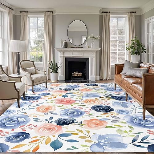 Miniatura 30 de Round Rugs 8ft, Colorful Flowers Non-Slip Area Rugs for Living Room Bedroom Entryway, Watercolor Retro Blue Pink Floral Washable Carpet Runner Rug