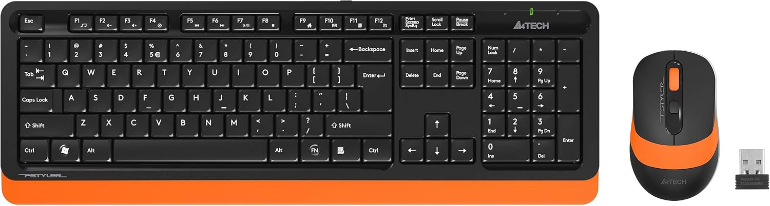 Tastiera E Mouse Wireless A4 TECH FG1010 | 2.4G Q, Tasti Multimedia, Mouse Ottico 2000 DPI, Colore Nero/arancio - 2