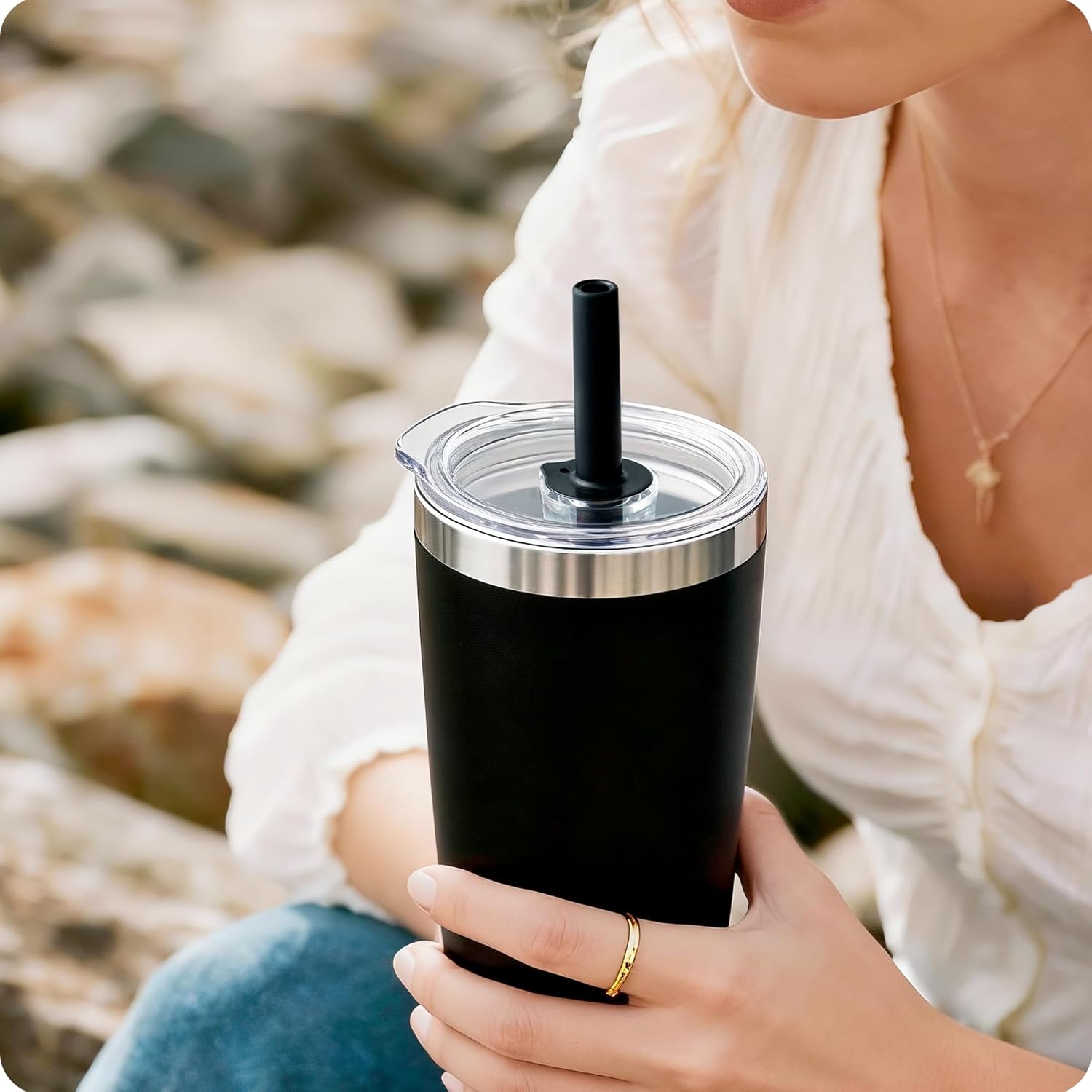 20 oz Straw Lid - Replacement Leak - Proof Cover for 3.2 - inch Press - Fit Cup Mouths of Brands: TEEZWONDER, LEIOH, VIWIS, SUNWILL, NewEleven, MJZAKEFR, AXIARA, Niduilef, SANDJEST (Black) - Image 2