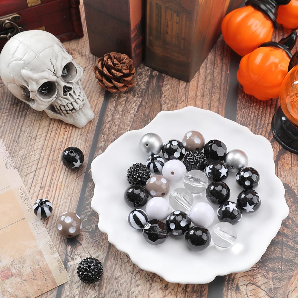 SUNNYCLUE 50Pcs 10 Styles Black Halloween Beads Set Bubblegum Beads Bulk Acrylic 20mm Large White Jumbo Plastic Holiday Round Loose Spacers for Jewelry Making Findings DIY Craft