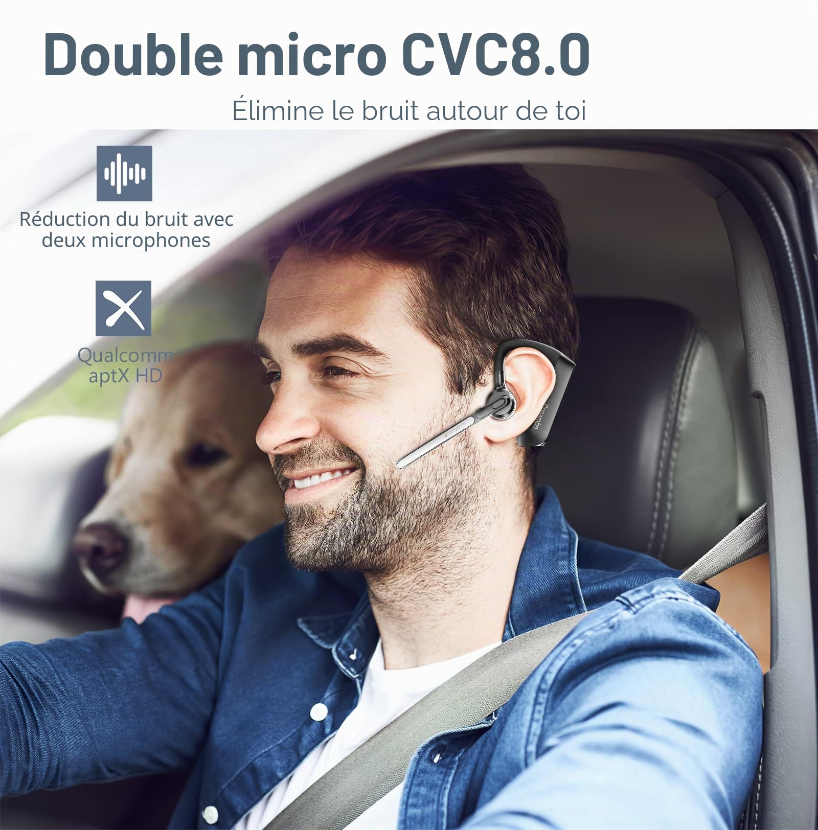 Conambo Casque Bluetooth V5.2, sans fil, mains libres, avec CVC 8.0 et ENC Dual Mic réduction du bruit, 70 heures d'autonomie avec étui de charge, oreillette Bluetooth pour conduite, bureau, gris