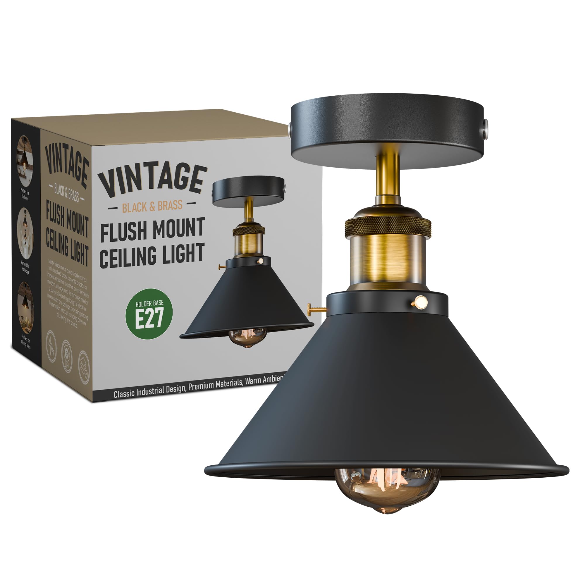 E27 Ceiling Lights Metal Flush Mount Ceiling Lamp for Living Room, Bedroom, Kitchen, Dining Room Vintage Flush Mount Lighting 18cm Brushed Brass Conical Shade Lighting Without Bulb (1Pcs Black)