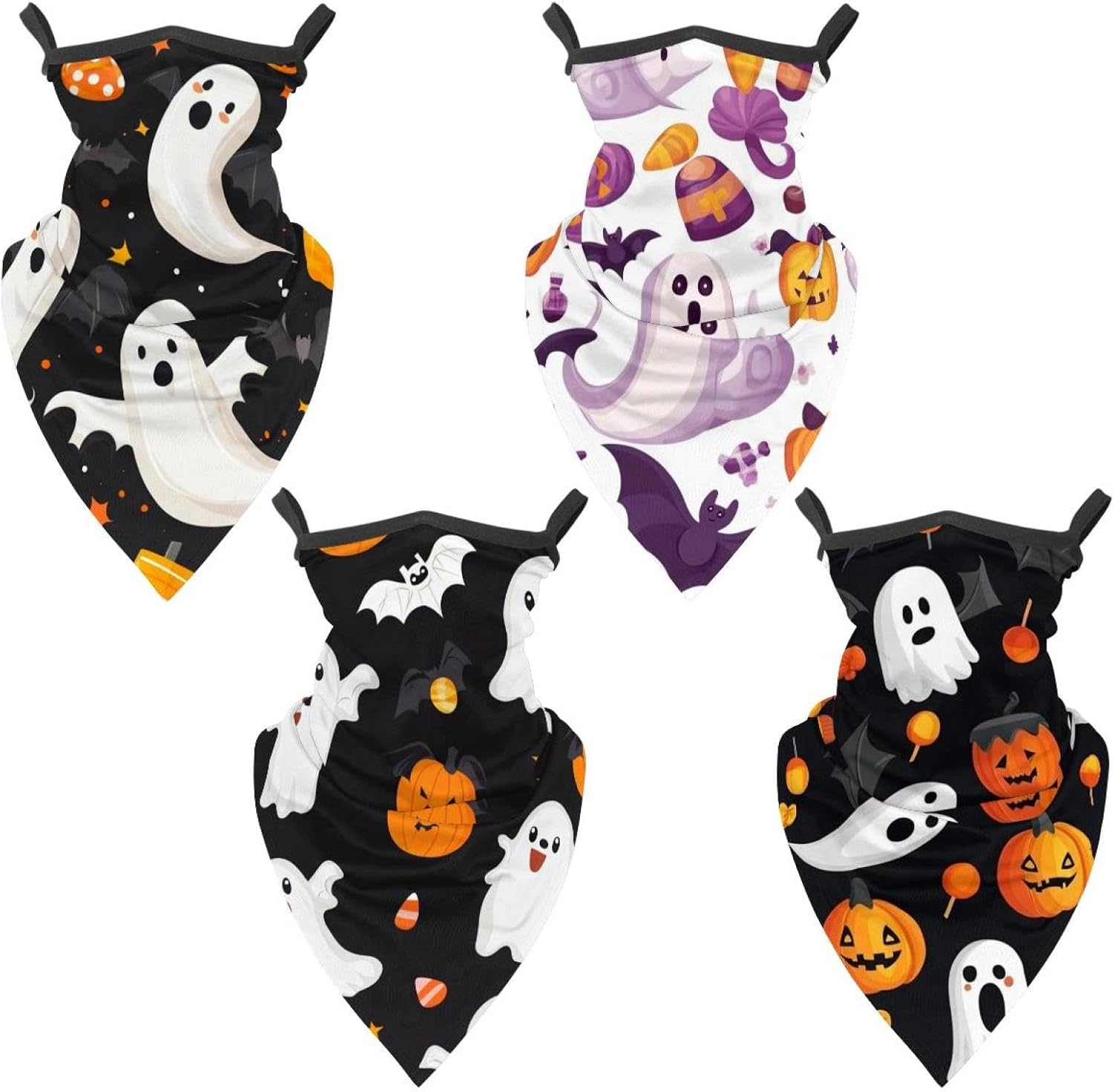 4 Pack Halloween Bats Candies Pumpkins Fishing Neck Gaiter - UV Face Mask Sun Protection for Men & Women