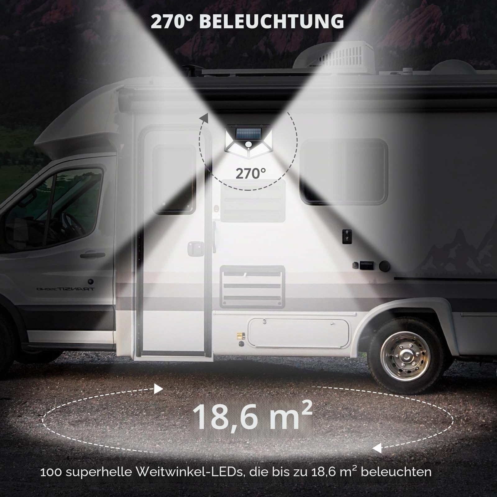 Magnetische Bewegungsmelder-Licht, Solar-Wohnmobil-Veranda-Licht, Außenbeleuchtung für Wohnmobil, Wohnmobil-Lichter, Outdoor, Markisenlichter für Anhänger, 5. Räder, 100 LEDs, 2 Stück