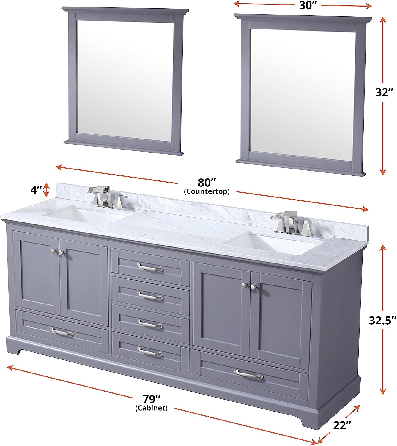 Dukes 80 in. W x 22 in. D Dark Grey Double Bath Vanity, Carrara Marble Top, and Faucet Set