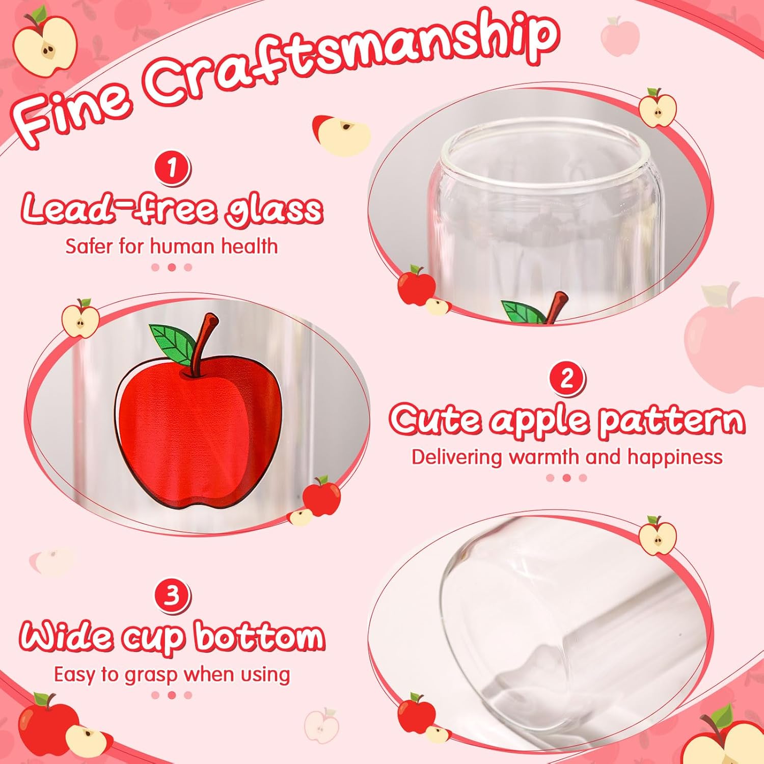 4 Set Valentines Day Teacher Glass Cups Gifts Personalized Apple Pattern Drinking Tumbler with Lids and Straws 16 oz Iced Coffee Cups with Bows for Women Birthday Appreciation Gift(Red) - Image 5