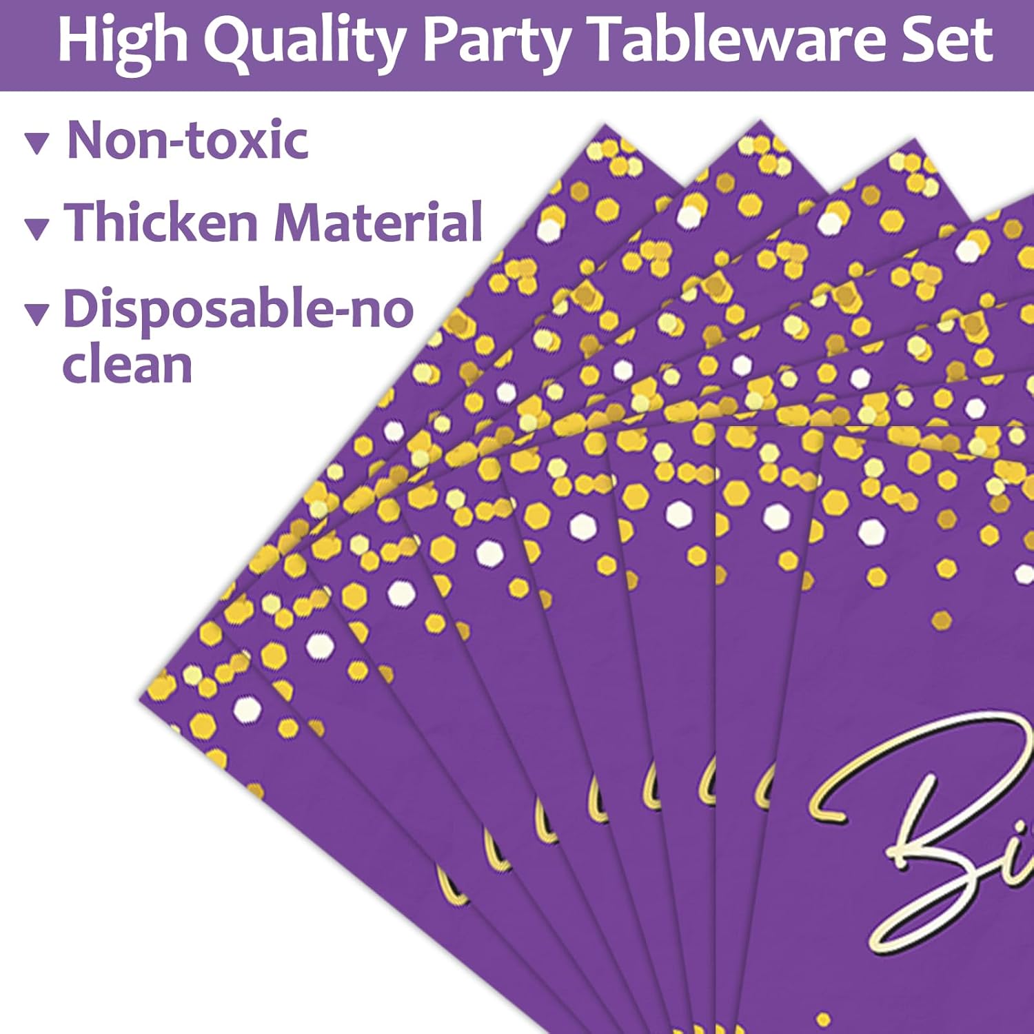 Wiooffen 96PCS Purple Gold Party Plates and Napkins - Happy Birthday Party Decorations - Disposable Tableware Set for 24 Guests