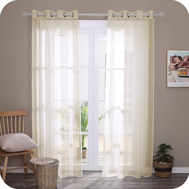 Amazon Brand - Umi Net Curtains Top Ring Solid Voile Curtains Super Soft Sheer Curtains Semi Transparnet Net Voile Curtains Beige 55 x 54 Inch 2 Panels