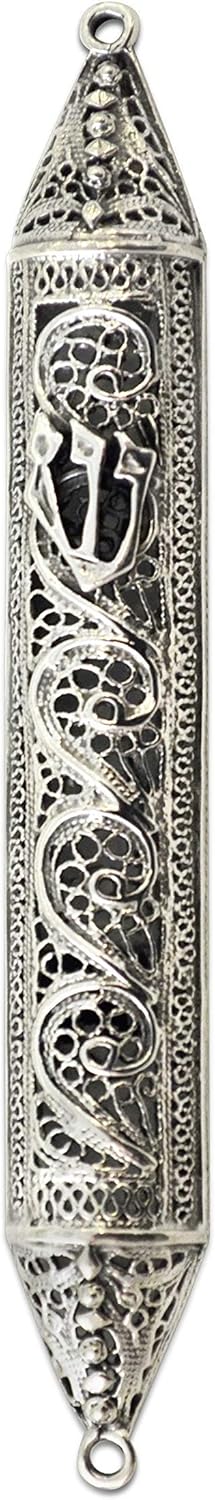 Nadav Art Small Sterling silver Mezuzah Case handmade filigree design parchment size 2.35 features the Hebrew letter"shin" (ש)